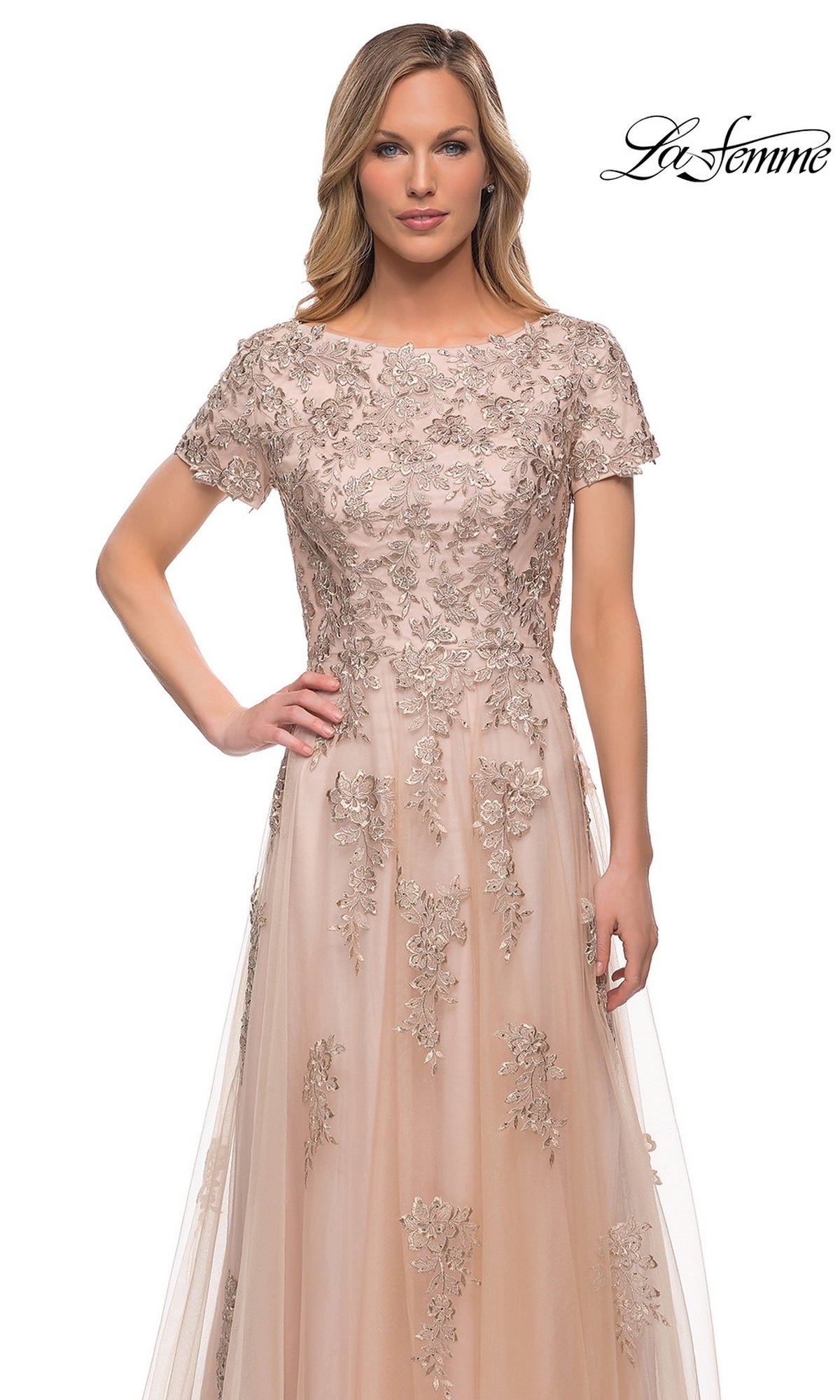 Woman in the Long Formal Dress: La Femme 29290—blush pink tulle with silver floral embroidery, short sleeves, sheer overlay—stands facing forward on a white background.
